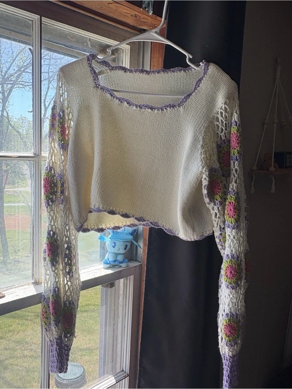 SHEIN Cream Cropped Knit Top with Lavender Trim and Floral Crochet Sleeves